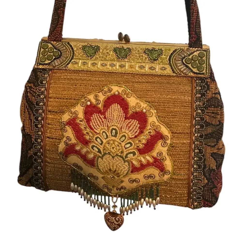 Mary Frances Beaded Floral Tapestry Kiss Lock Frame Bag Boho Embellished Bag